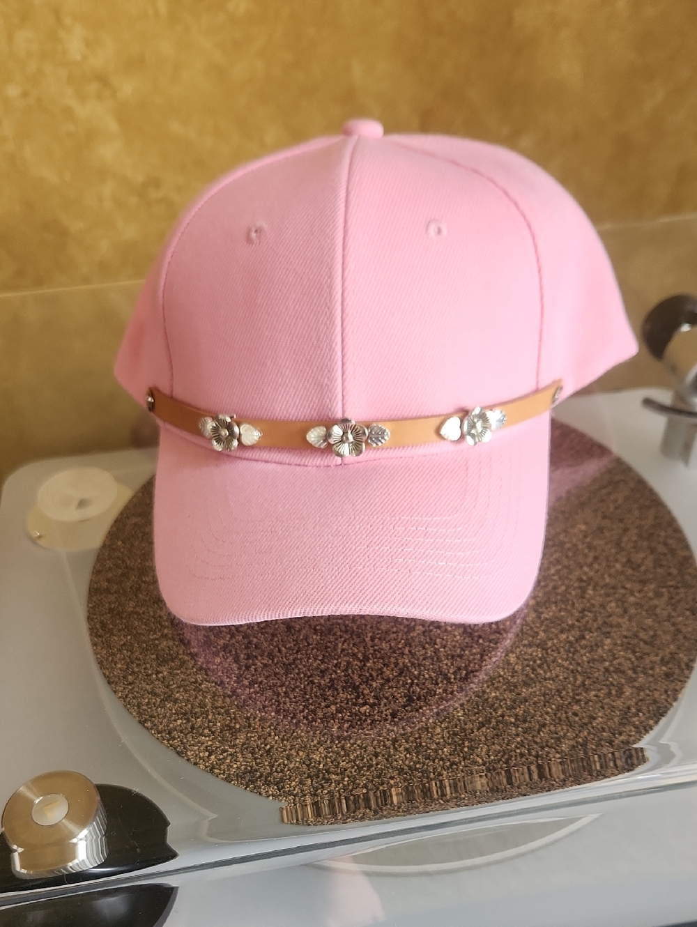 Pink Baseball Cap with Tan Strap